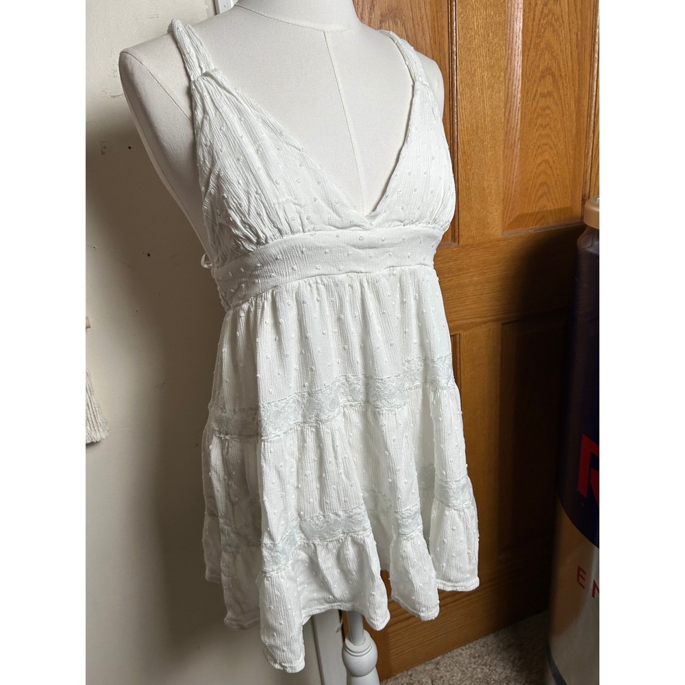 White Swiss Dot Lace Trim Tiered Mini Dress V-Neck Small Boho Festival Summer - Picture 2 of 6
